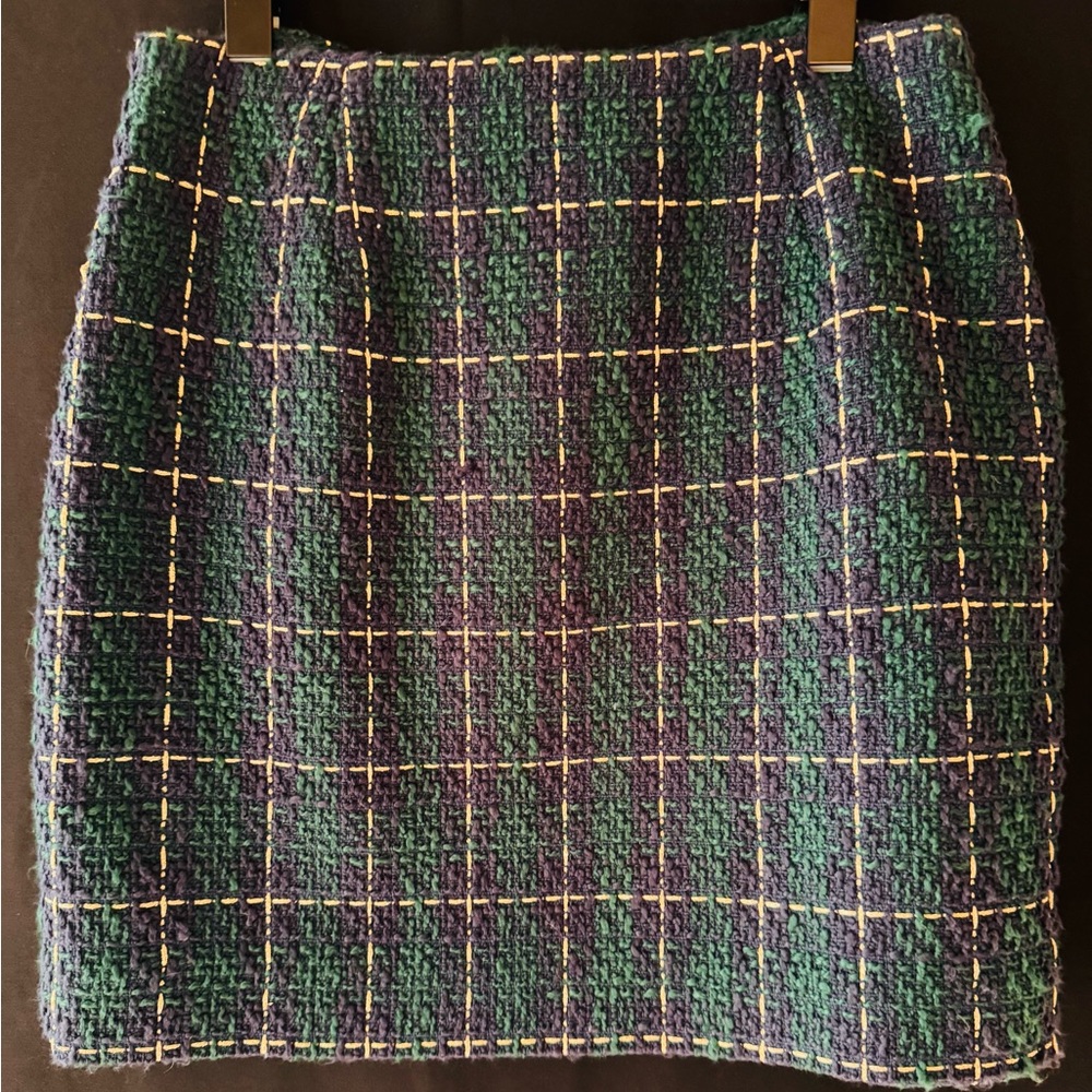 NWT Boston Proper Dark Green and Dark Blue with gold accent Plaid Mini Skirt